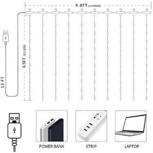 Curtain Light with 8 Modes Control Decoration for Window Home Patio Garden Christmas Indoor Outdoor Decoration, USB Operated, IP64WATERPROOF (9.8ft X 6.5ft) (White)