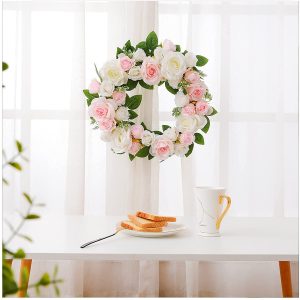 Lyrccoa Rose Floral Wreath 22 Inch Pink Flower Green Leavesfor Front Door Wall Wedding Party Home Decor Garden Lintel Decoration Door Hanging