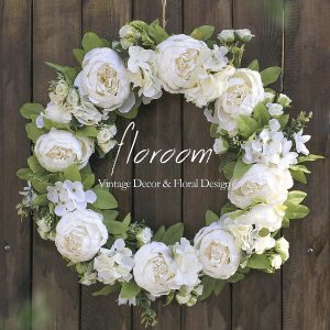 Floroom Floral Wreath, Door Wreath, 20” Artificial White Peony Hydrangea Wreath for Front Door, Wedding Decorations Wall Decor
