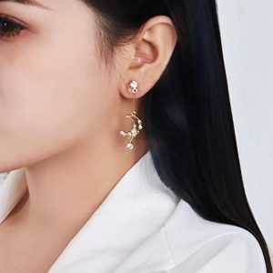 Crescent Moon Star Dangle Earrings for Women,Moon Earrings Colorful Star Crystal Dangle Drop Earrings for Girls, Gold