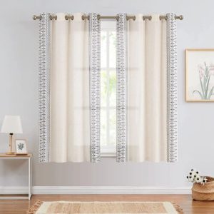 Linen Curtains Geometry Embroidery Drapes 63 inch Window Curtain 2 Panels blue