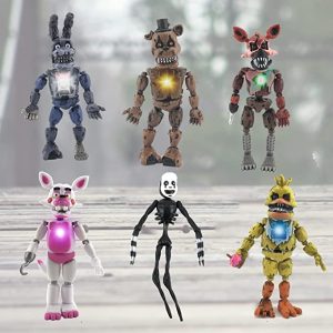 6Pcs 6inch Inspired by FNAF Five Nights at Freddys Toys Version Nightmare Freddy Chica Bonnie Funtime Foxy PVC Lightening Freddy Toys with Movable Joints Toys for Relative Gifts