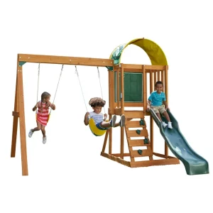 Ainsley Wooden Outdoor Swing Set with Slide, Chalk Wall, Canopy and Rock Wall