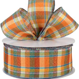 Fall Plaid Blue and Orange Canvas Wired Ribbon, Fall Plaid Ribbon, Fall Wired Ribbon, Farmhouse Wired Ribbon, Ribbon for Wreaths 2.5×12 feet