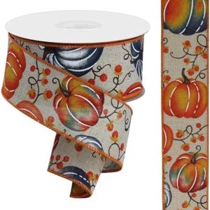 Blue Beige Orange Rust Pumpkin Ribbon, 1.5″ Fall Wired Ribbon, Pumpkin Ribbon, Navy Blue Fall Ribbon, Fall Ribbon