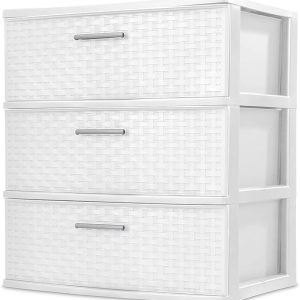 3 Drawer Wide Weave Tower Plastic, White – Design Storage Tower with pull handles, Organizer Unit for Bedroom, Closet, Entryway, Hallway, Nursery Room, Storage bins
