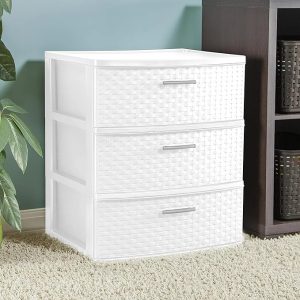 3 Drawer Wide Weave Tower Plastic, White – Design Storage Tower with pull handles, Organizer Unit for Bedroom, Closet, Entryway, Hallway, Nursery Room, Storage bins