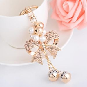 Key Chains Bowknot Rhinestone Shinning Key Chain Allor Pearl Pendant Keychain Backpack Wallet Key Ring Girl Gift
