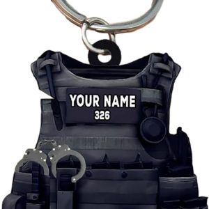 Personalized Police Bulletproof Vest Keychain Custom Flat Job Title Keychain Gift For Dad Grandpa Father Son Boyfriend Husband Motorcycle Lover Him Coworker On Father’s Day Birthday Christmas