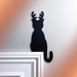 Cat with Reindeer Antlers Door Topper, Christmas Cat Decor, Christmas Door Corner Decoration, Christmas Gift, Santa Merry Christmas Decor
