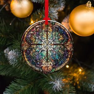 Stained Glass Ornament, 2023 Christmas Decoration, Holiday Gift Idea, Heirloom Keepsake, Round Ceramic, Bauble Present