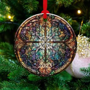 Stained Glass Ornament, 2023 Christmas Decoration, Holiday Gift Idea, Heirloom Keepsake, Round Ceramic, Bauble Present