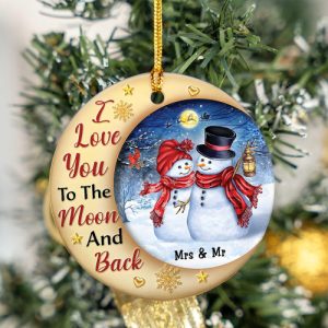 I Love You to The Moon and Back Ornaments- Snowman Couple with Mrs and Mr Write on Snow, Round Shape, Ceramic Ornaments