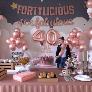 Nelton 40TH Rose Gold Birthday Decorations for Women Includes Queen Sash, Tiara Crown, Cake Topper, 15 Balloons, 2 Number Balloons, 2 Foil Balloons, 2 Glitter Banner, 2 Candle, Gift Box