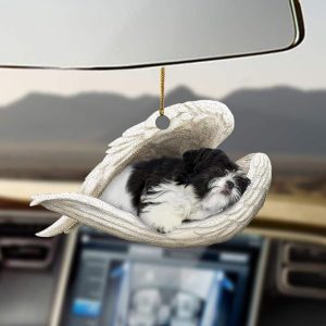 La Pomme Black and White Shih Tzu Dog Sleeping in Angel Wings – Black and White Shih Tzu Dog Lover Dog Mom Ornament – Car Hanging Ornament