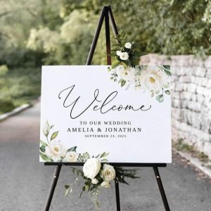Wedding Welcome Sign, White Floral Wedding Welcome Sign, Floral Welcome Sign, White Flowers Wedding Sign, Wedding Decorations Sign #1