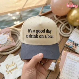 “It’s a good day to drink on a boat” Embroidered Boat Cap – Trucker Hat for Cruise Trip, Summer Vacation Gift, Beach Travel Accessory