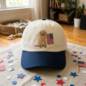 Golden Retriever Hat – USA Flag Embroidered Dog Dad Cap, Custom Name Baseball Cap, Patriotic Pet Lover Gift